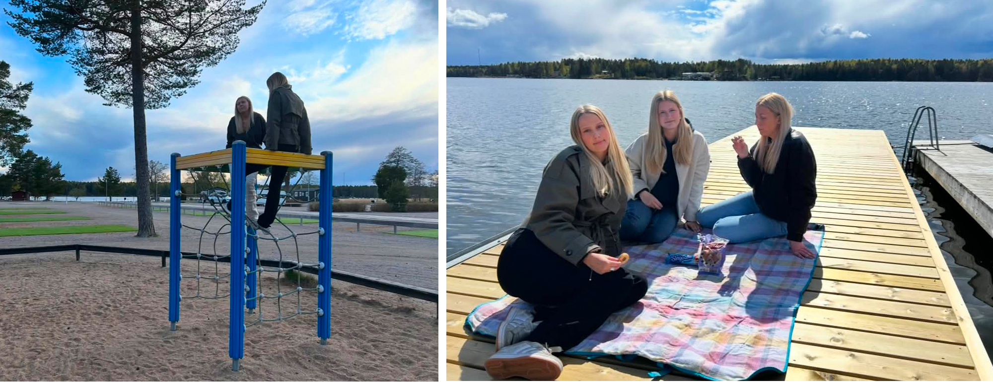 Kompisar som sitter i lekparken och picknick på brygga i Stenö