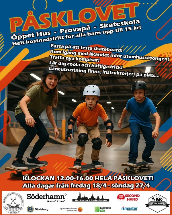 öppet hus, skateboard, skateskola, skatekollo, provapå skate, daycamp, kollo, jullov, skatecamp, skateboardcamp, Söderhamn