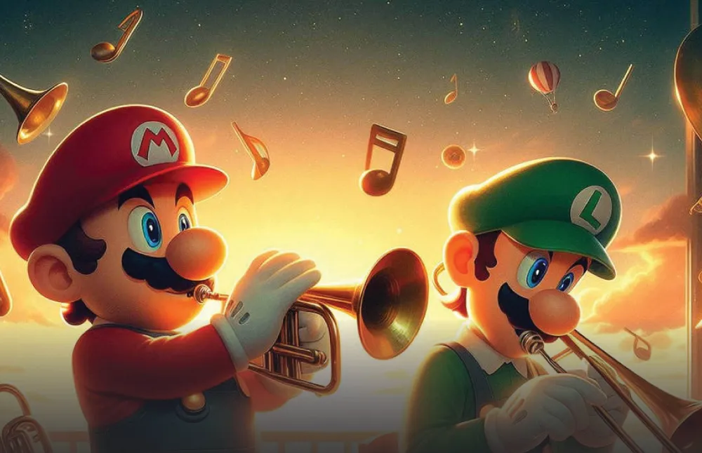 Mario och Luigi spelar trumpet