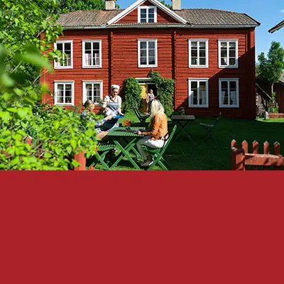Teaser, bild för kultur med Hälsingegård och röd bakgrund