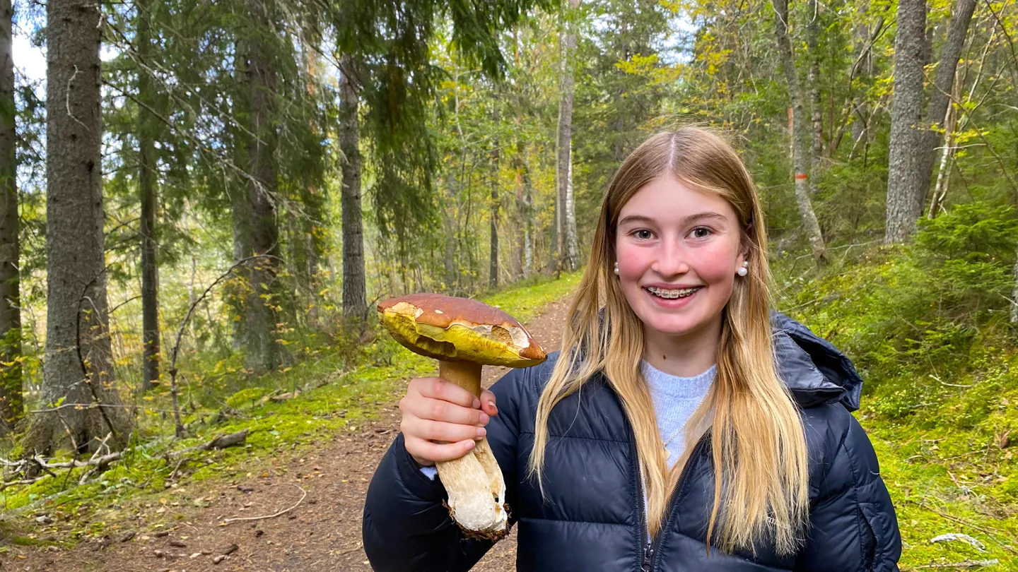 En glad tjej som håller upp en svamp på vandringen